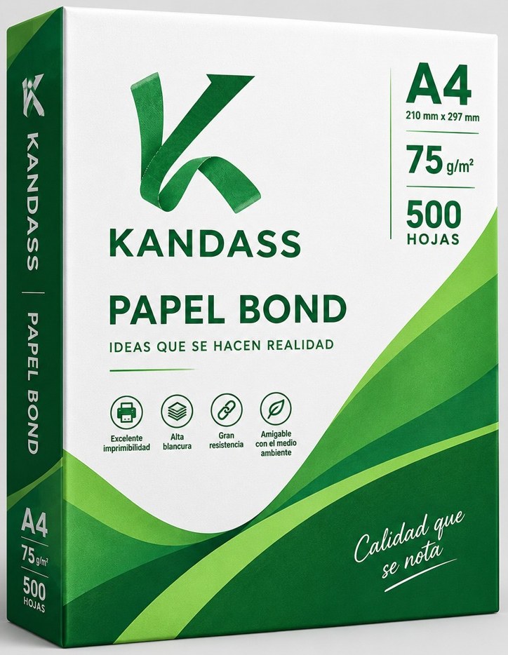 Caja de papel bond KANDASS A4, 75 g/m², 500 hojas, con el lema Ideas que se hacen realidad